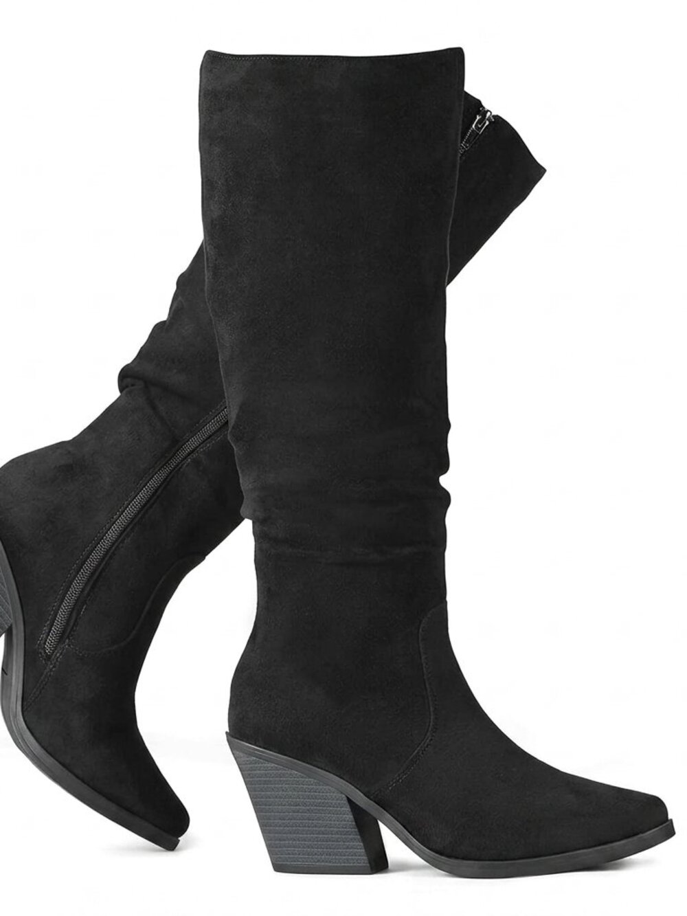 Women's Black Faux Suede Boots Stacked Chunky Heel Boots Side Zipper Tall Boots